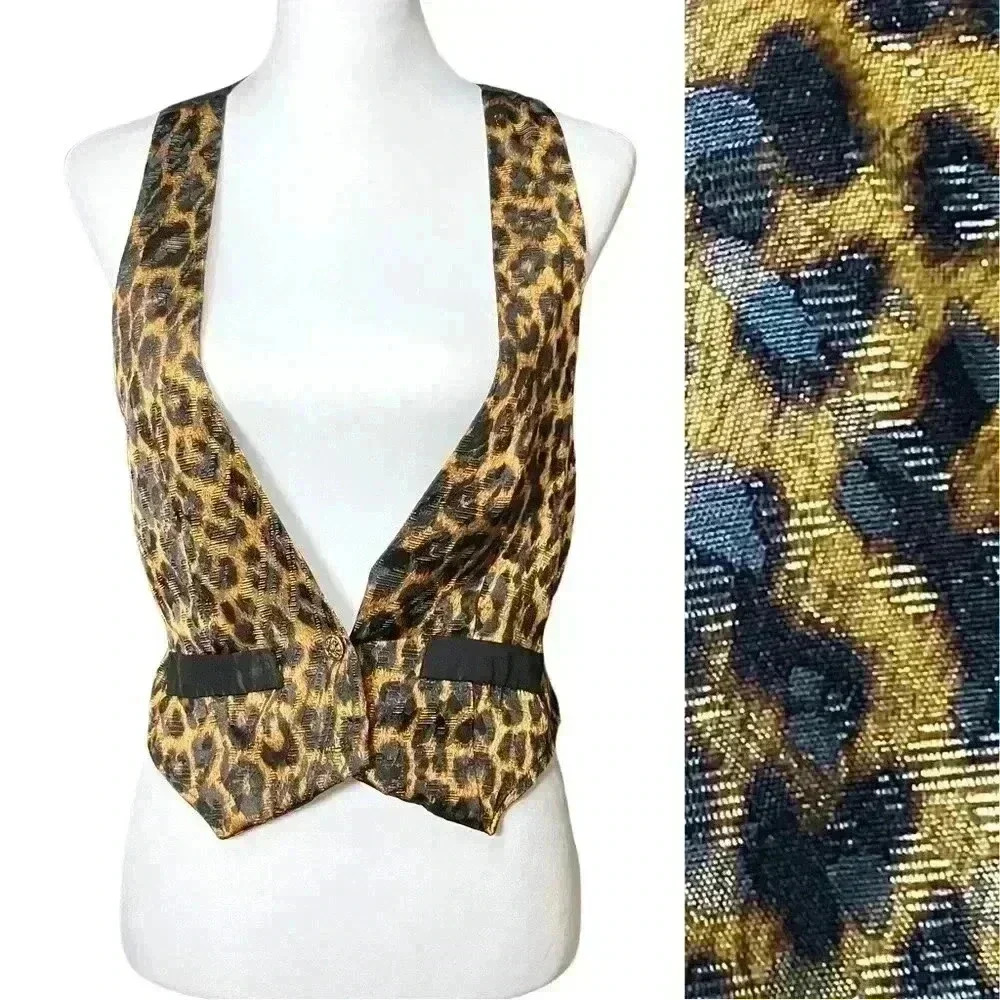 Vintage 80s Leopard Cheetah Cropped Satin Vest Brass Buttons. Retro Funky. S/M.
